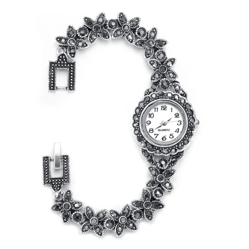 Charms Women Ancient Silver Plated Bracelets Girls Crystal Accessories Fashion Lady Quartz Watches Female Hand Accessories