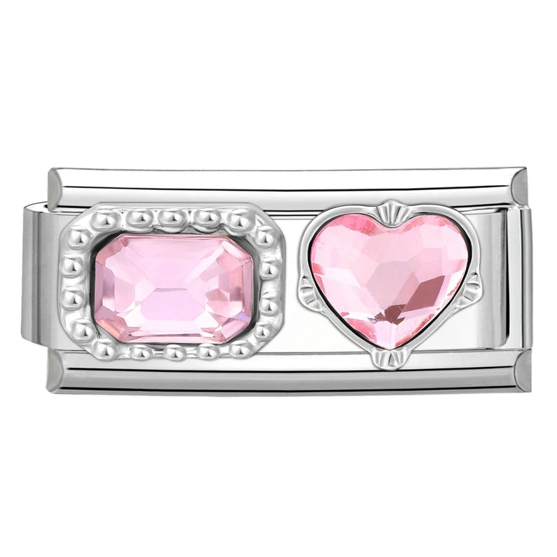 Y2K Zircon Bow Knot Water Drop Pink Zircon Doughnut Heart Italian Charm Links Fit 9MM Stainless Steel Bracelet Women DIY Making