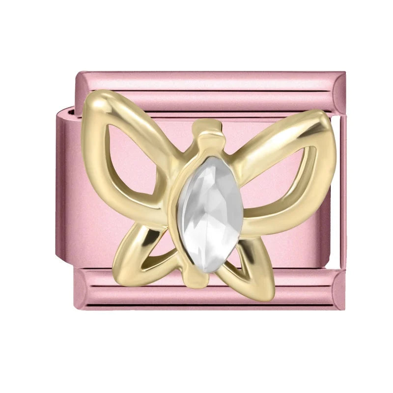 Fashion Pink Dreamy Crystal Butterfly Bow Heart Star Shell Star Charm Fit 9mm Stainless Steel Bracelet Women DIY Making Jewelry