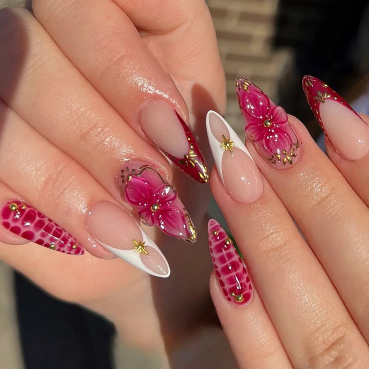24pcs Pink Flower Almond Press on Nails Kawaii False Nails Wearable Stick-on Nails Fake Nail Uñas Postizas Накладные Ногти 네일팁