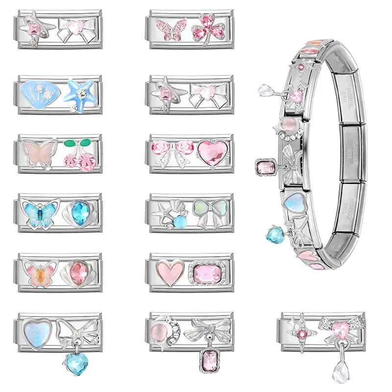 Y2K Zircon Bow Knot Water Drop Pink Zircon Doughnut Heart Italian Charm Links Fit 9MM Stainless Steel Bracelet Women DIY Making