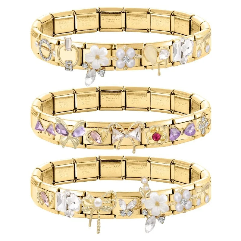 Premium Gold Color Zircon Bowknot Italian Charm Bracelet Stainless Steel Elastic Bracelet Link Bangle DIY Women Men Jewelry Gift
