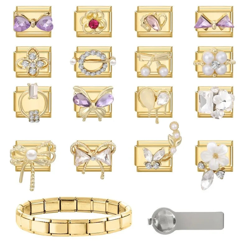 Premium Gold Color Zircon Bowknot Italian Charm Bracelet Stainless Steel Elastic Bracelet Link Bangle DIY Women Men Jewelry Gift