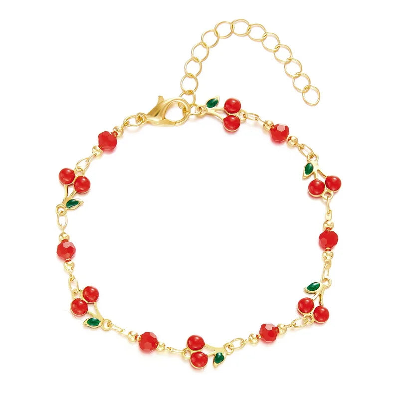 Charm Red Strawberry Bracelet For Women Cute Cherry Heart Shape Fruit Pearl Metal Chain Wristband Party Friendship Jewelry
