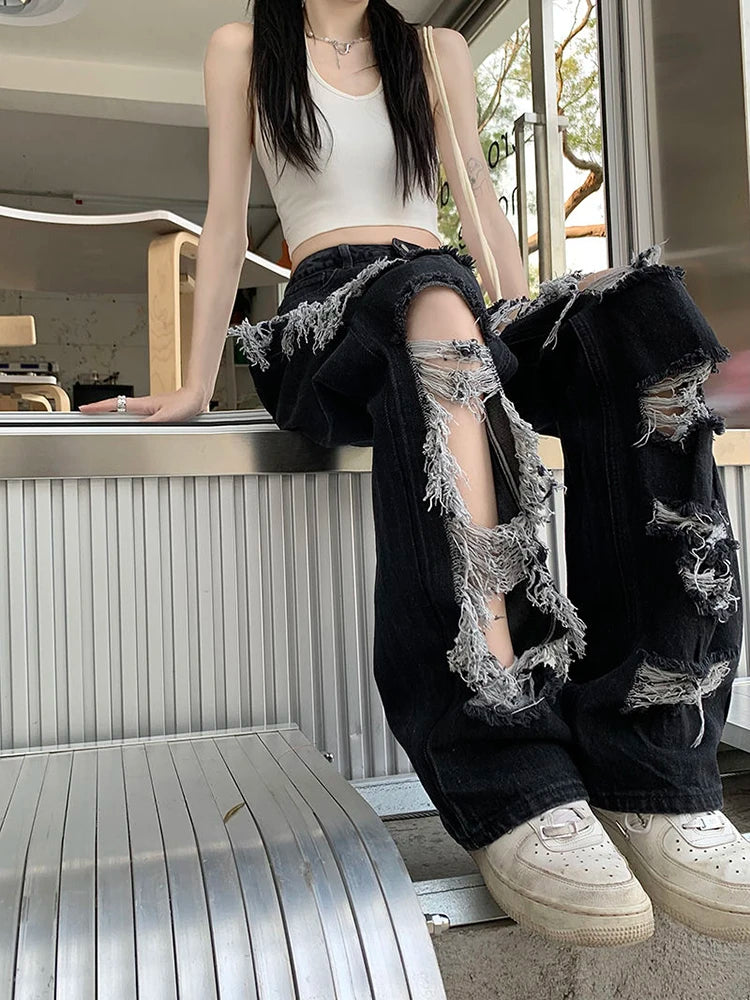 Zoki Hip Hop Hole Jeans Women Y2K Streetwear Harajuku Hollow Out Denim Pant American Retro High Waist Female Straight Trousers