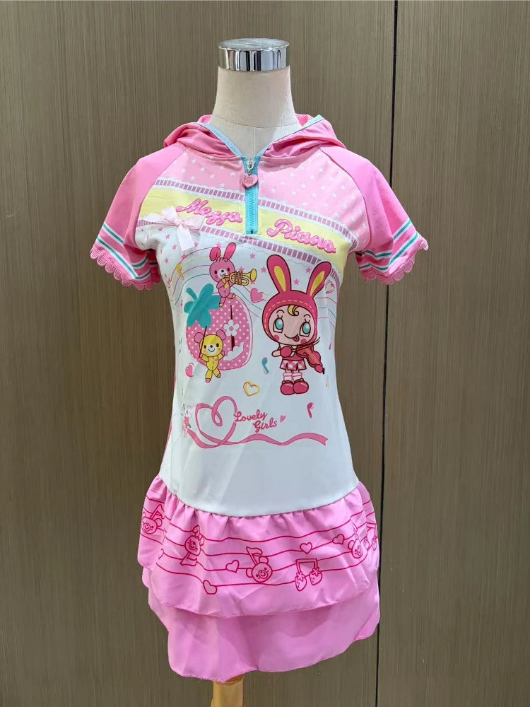 Japanese Harajuku Short Sleeve Hooded Dress Women Sweet A-Line Skirt Kawaii Cartoon Print Y2k Vintage Slim Spring Summer