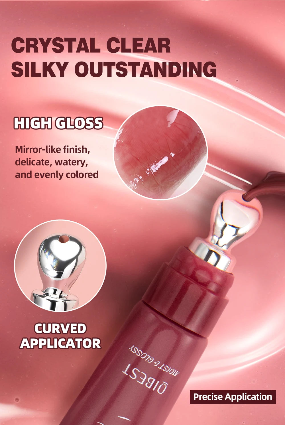 QIBEST Mirror Watery Crystal Jelly Lipgloss Tint Long Lasting Moisturizing Lipstick Shiny Glitter Lip Glaze Nourishing Makeup