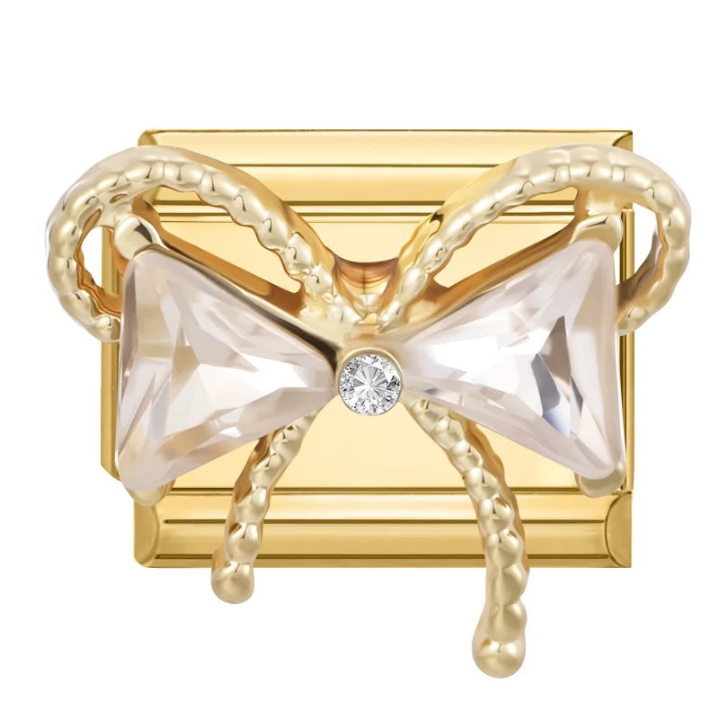Premium Gold Color Zircon Bowknot Italian Charm Bracelet Stainless Steel Elastic Bracelet Link Bangle DIY Women Men Jewelry Gift