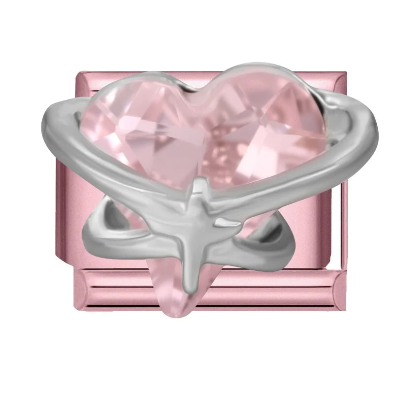 Fashion Pink Dreamy Crystal Butterfly Bow Heart Star Shell Star Charm Fit 9mm Stainless Steel Bracelet Women DIY Making Jewelry