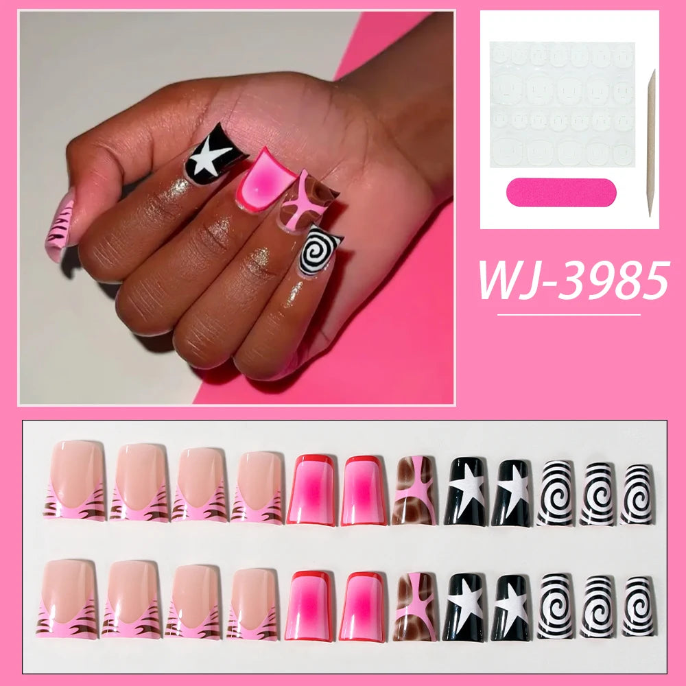 24pcs Long ducknail black French Tip Press On Nails 3D alloy cross, snake-shaped decoration with rhinestone design Fit Perfectly