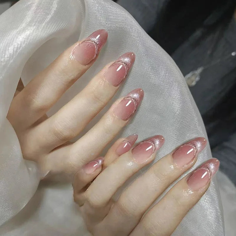 24pcs Pink Flower Almond Press on Nails Kawaii False Nails Wearable Stick-on Nails Fake Nail Uñas Postizas Накладные Ногти 네일팁