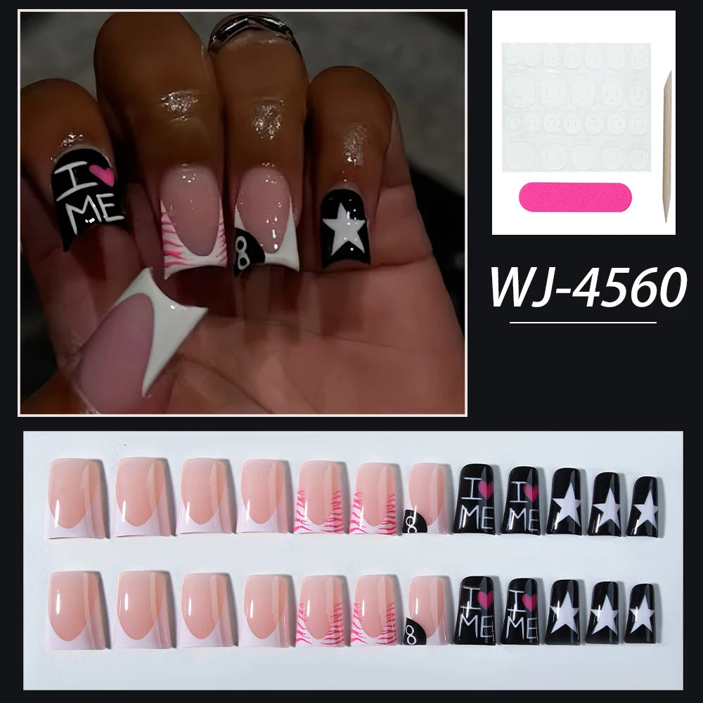 24pcs Long ducknail black French Tip Press On Nails 3D alloy cross, snake-shaped decoration with rhinestone design Fit Perfectly