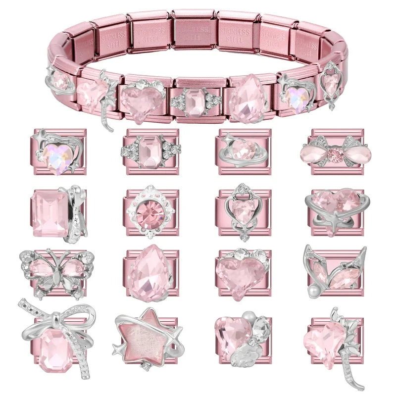 Fashion Pink Dreamy Crystal Butterfly Bow Heart Star Shell Star Charm Fit 9mm Stainless Steel Bracelet Women DIY Making Jewelry