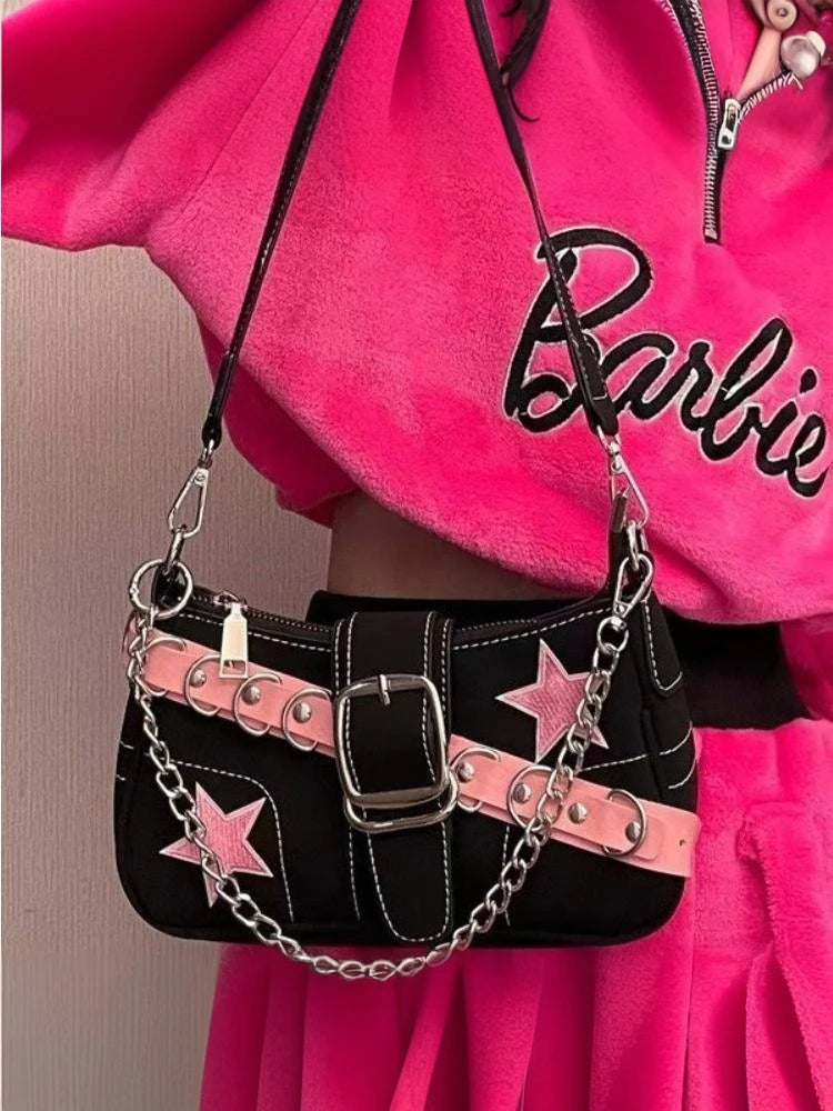 Fashion Women's Handbags Denim Stars Pattern Cool Girls Y2K Underarm Bag Canvas Female Small Shoulder Bags Chain Tote Bag Ins