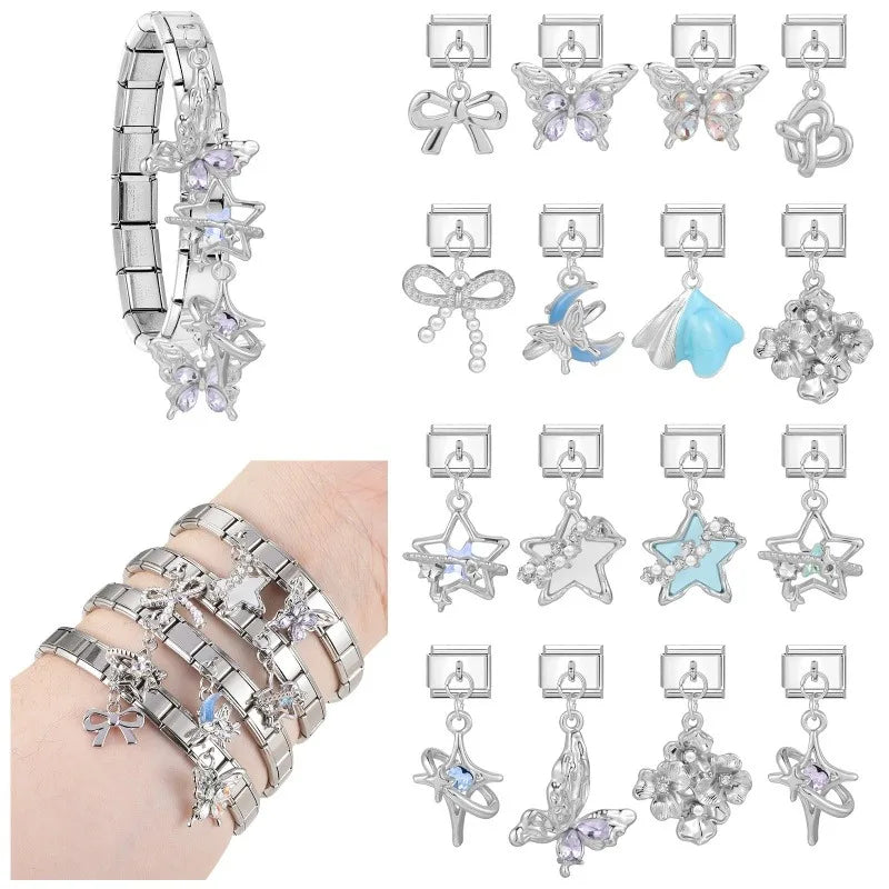 Fashion Blue Sereis Star Pearl Moon Butterfly Italian Charm Links Fit 9mm Stainless Steel Bracelet Women Jewelry DIY Making Gift
