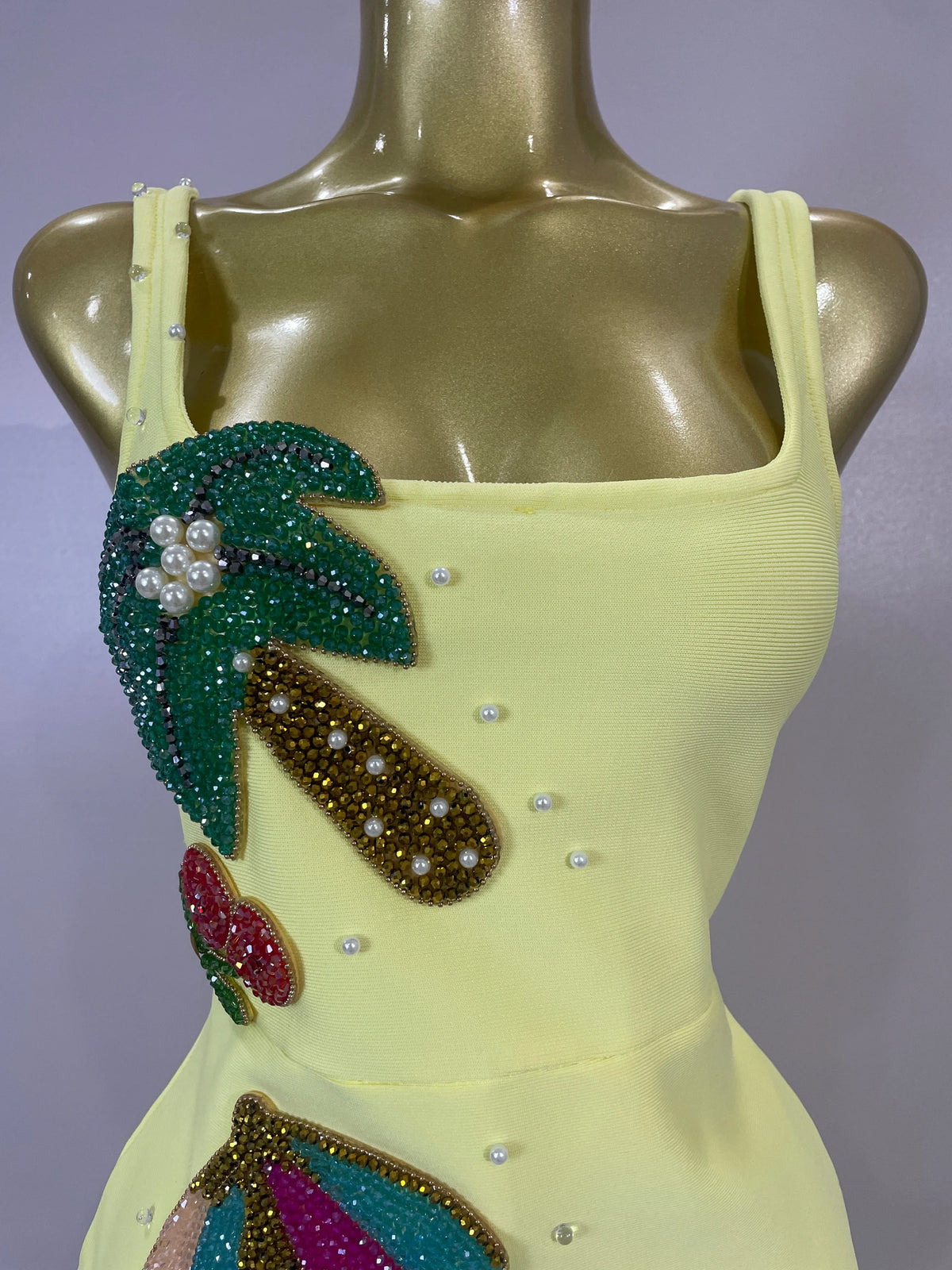 Women Sexy Square Neck Sleeveless Bodycon Bandage Mini Dress Luxury Beaded Tropical Fruit Eveing Party Vacation NightClub Outfit