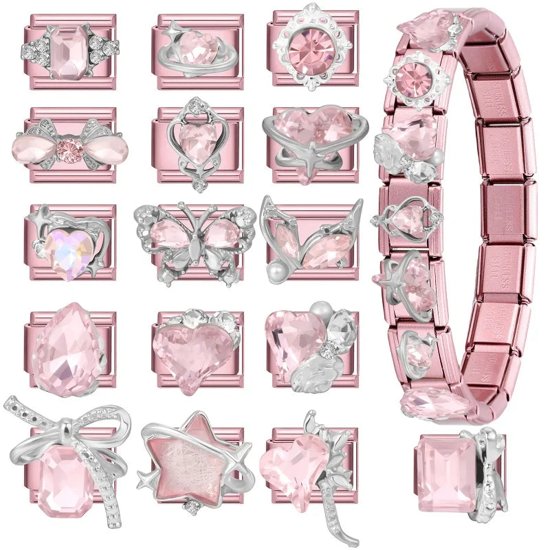 Fashion Pink Dreamy Crystal Butterfly Bow Heart Star Shell Star Charm Fit 9mm Stainless Steel Bracelet Women DIY Making Jewelry
