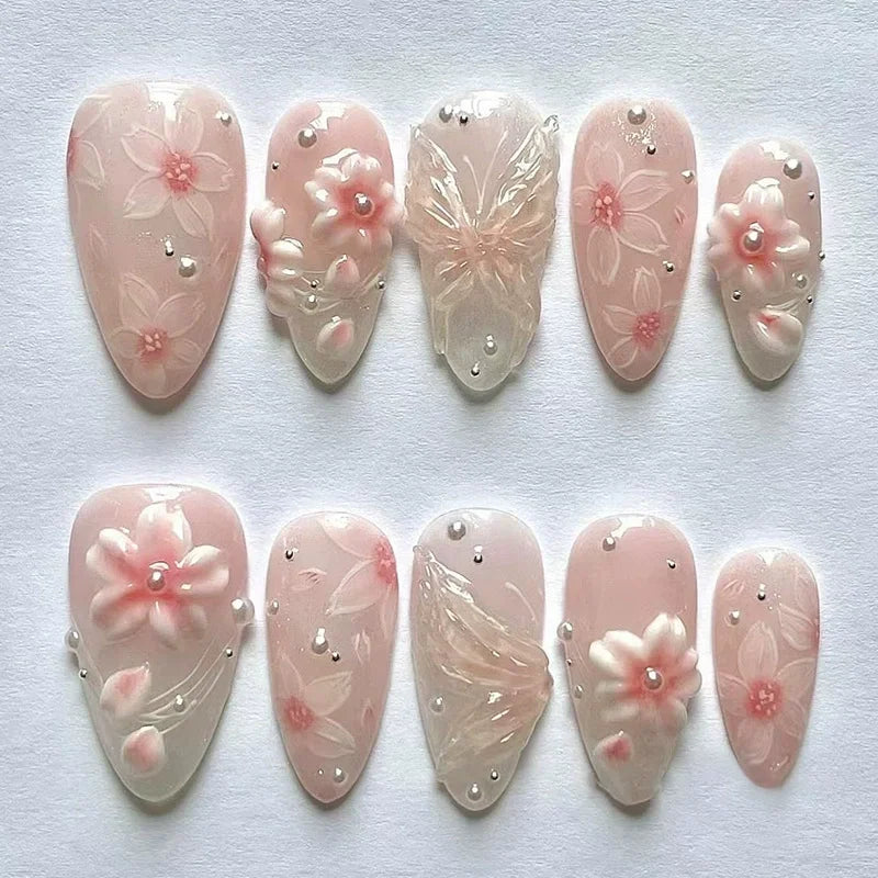 24pcs Pink Flower Almond Press on Nails Kawaii False Nails Wearable Stick-on Nails Fake Nail Uñas Postizas Накладные Ногти 네일팁