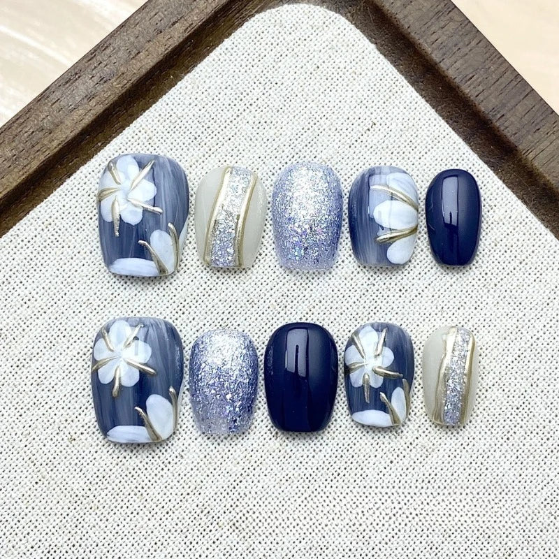 Handmade Nails Press Ons for Girls Spring Summer Self-adhesive Nail Tips Flowers Short Nails Fake Glued Nails with Box and Tools
