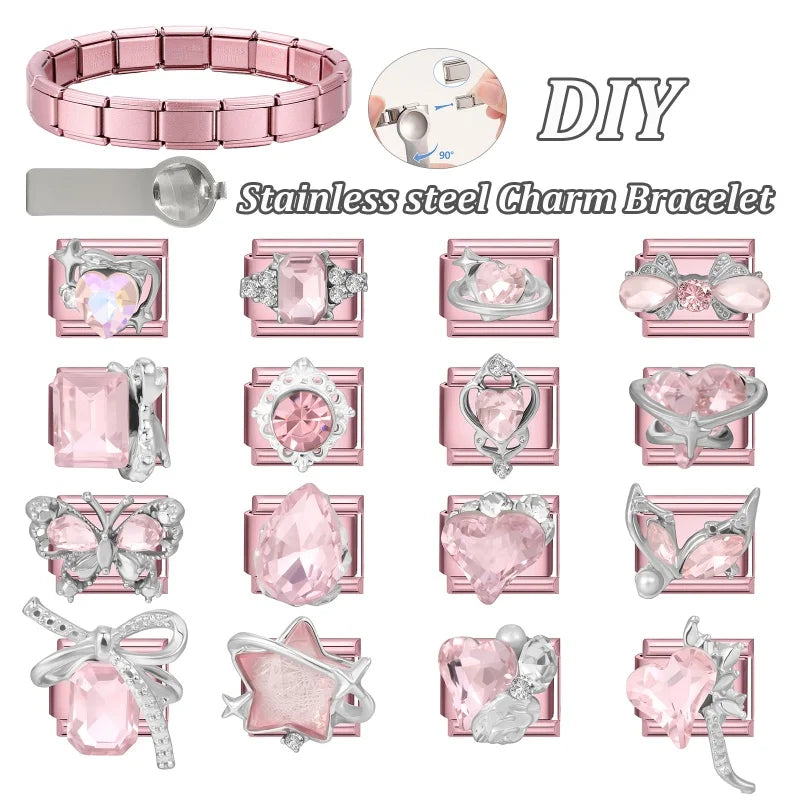 Fashion Pink Dreamy Crystal Butterfly Bow Heart Star Shell Star Charm Fit 9mm Stainless Steel Bracelet Women DIY Making Jewelry