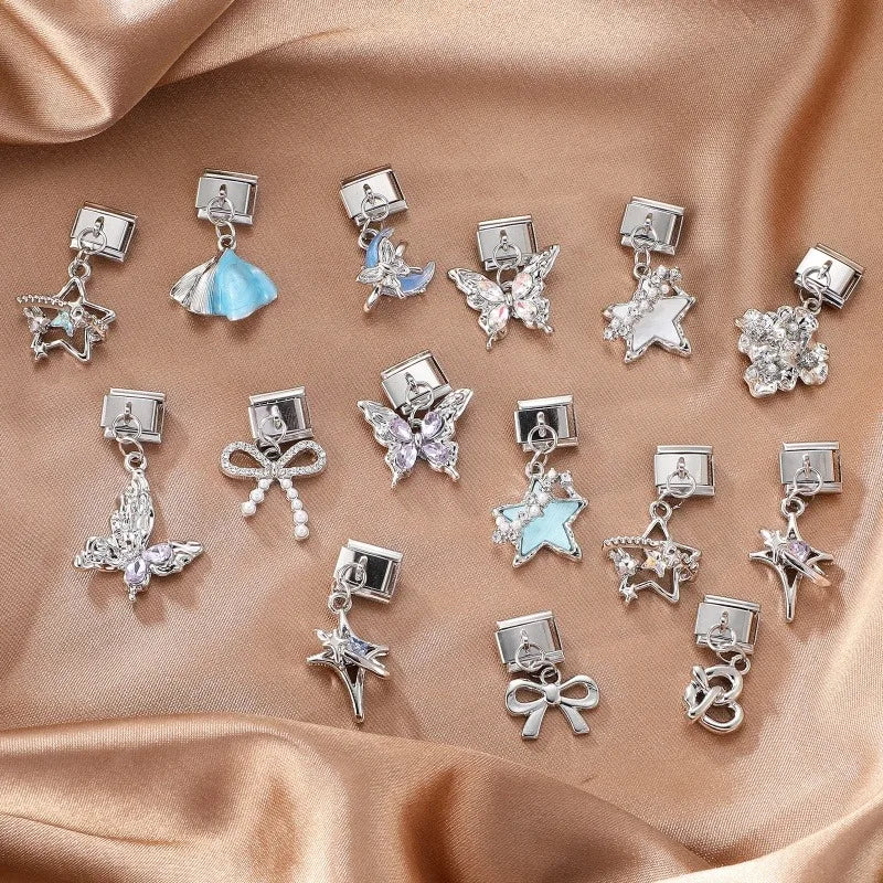 Fashion Blue Sereis Star Pearl Moon Butterfly Italian Charm Links Fit 9mm Stainless Steel Bracelet Women Jewelry DIY Making Gift