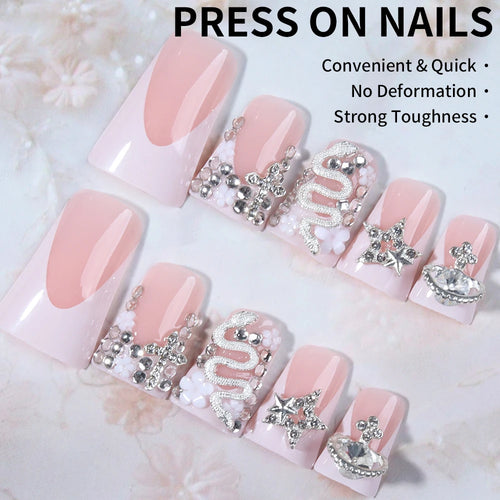 24pcs Long ducknail black French Tip Press On Nails 3D alloy cross, snake-shaped decoration with rhinestone design Fit Perfectly