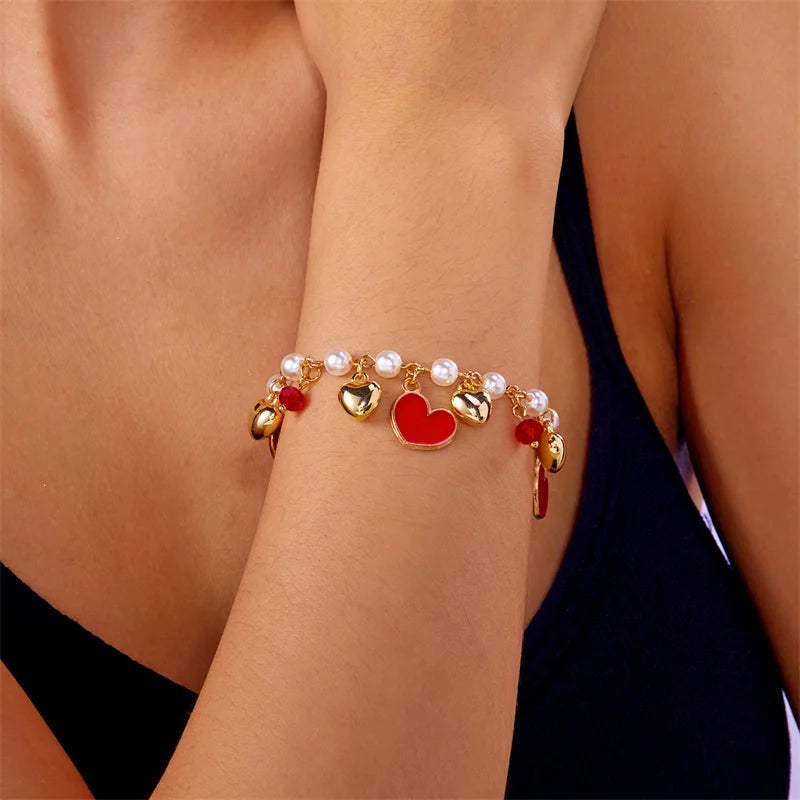 Charm Red Strawberry Bracelet For Women Cute Cherry Heart Shape Fruit Pearl Metal Chain Wristband Party Friendship Jewelry