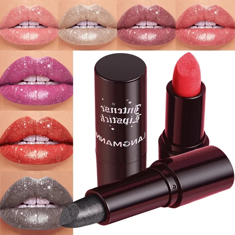 Nude Gray Metallic Lipstick Glitter Diamond Waterproof Long-Lasting Lip Gloss High Pigment Shiny Sparkling Pearl Lip Tint Makeup