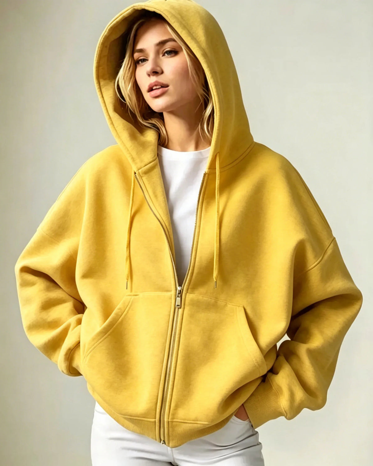 2026 Women Solid Full Zip Up Hoodie Casual Loose Pocket Hooded Jacket Soft Long Sleeve Sweatshirt Autumn Winter Couple Outerwear