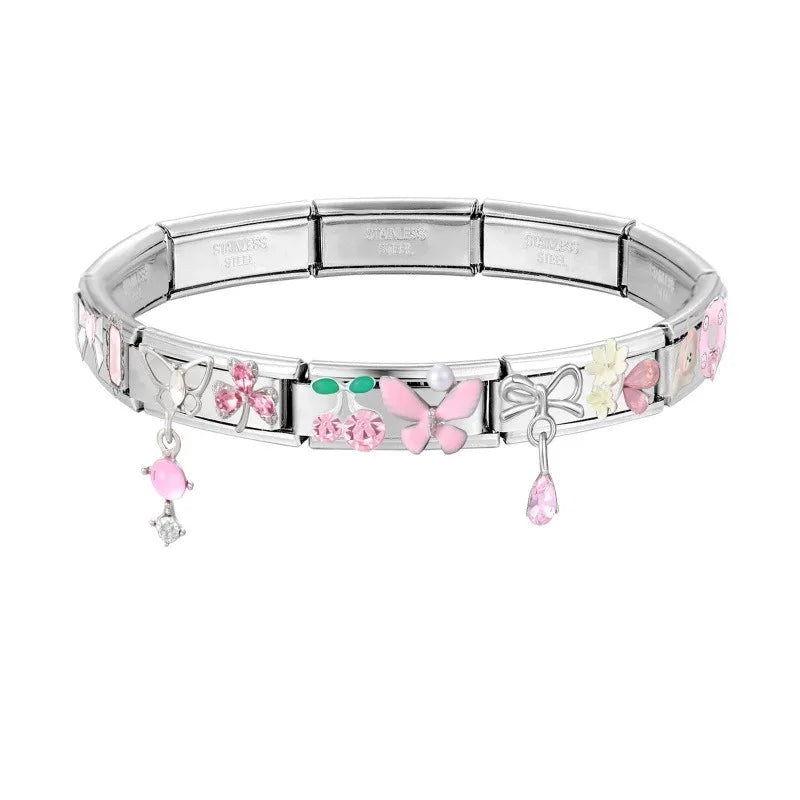 Y2K Zircon Bow Knot Water Drop Pink Zircon Doughnut Heart Italian Charm Links Fit 9MM Stainless Steel Bracelet Women DIY Making