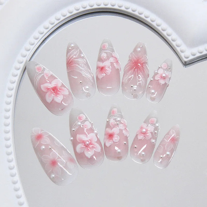 24pcs Pink Flower Almond Press on Nails Kawaii False Nails Wearable Stick-on Nails Fake Nail Uñas Postizas Накладные Ногти 네일팁