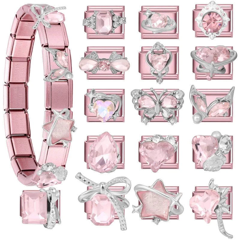 Fashion Pink Dreamy Crystal Butterfly Bow Heart Star Shell Star Charm Fit 9mm Stainless Steel Bracelet Women DIY Making Jewelry