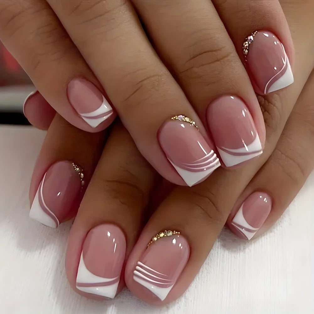 24Pcs French Tip Handmade Press On Nails Minimalist Solid Color Fake Nails Medium Square Full Cover Press On Nail Tips With Glue