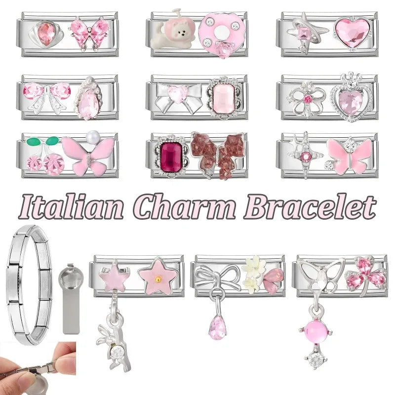 Y2K Zircon Bow Knot Water Drop Pink Zircon Doughnut Heart Italian Charm Links Fit 9MM Stainless Steel Bracelet Women DIY Making
