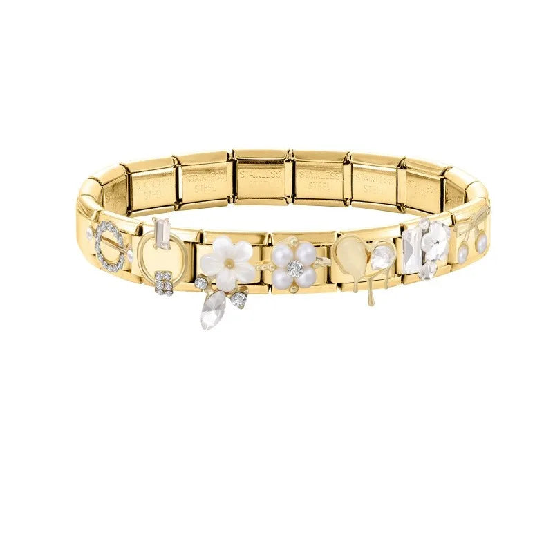Premium Gold Color Zircon Bowknot Italian Charm Bracelet Stainless Steel Elastic Bracelet Link Bangle DIY Women Men Jewelry Gift