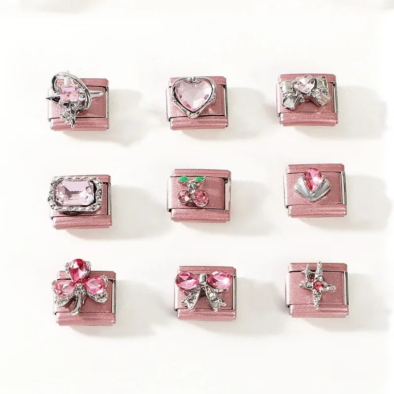 Fashion 2026 Sweet Pink Star Loveheart Pendant Italian Charm Link Fit 9mm Stainless Steel Bracelet Women DIY Making Jewelry Gift