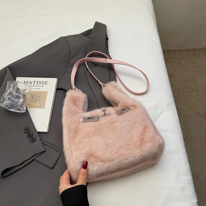 Fashionable Women's Bags Trend 2025 Faux Fur Shoulder Bags Plush Faux Mink Luxury Handbags Chic Crossbody Bag Solid Color Purses