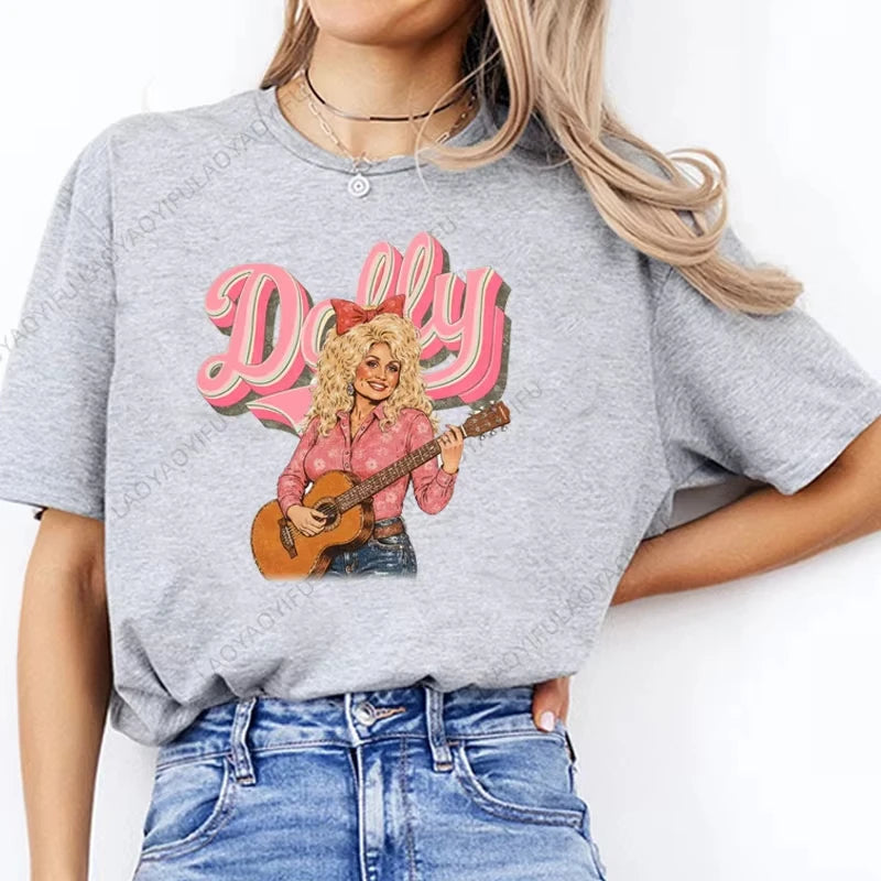 Dolly Parton T-shirt Pure Cotton Pink Country Music Cowboy Girl Pattern T-shirt    Casual couple streetwear shirts for women