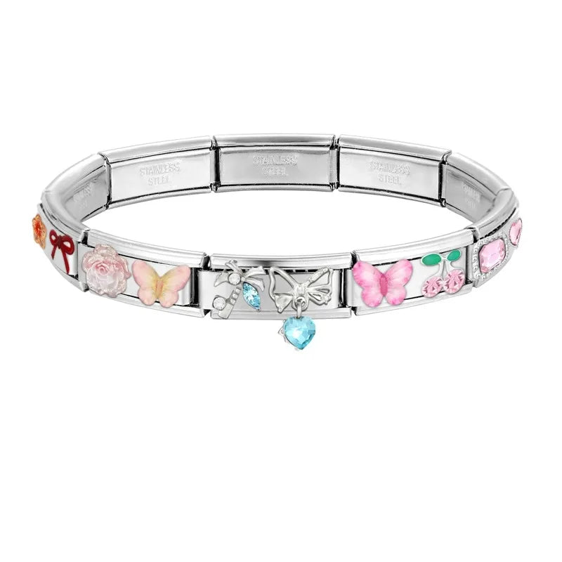 Y2K Zircon Bow Knot Water Drop Pink Zircon Doughnut Heart Italian Charm Links Fit 9MM Stainless Steel Bracelet Women DIY Making
