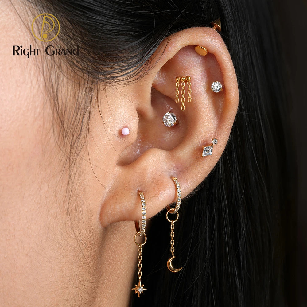 Right Grand ASTM F136 Titanium Dangle Star Charm Earring Drop Chain Celestial Cartilage Helix Lobe Conch Clicker Connector