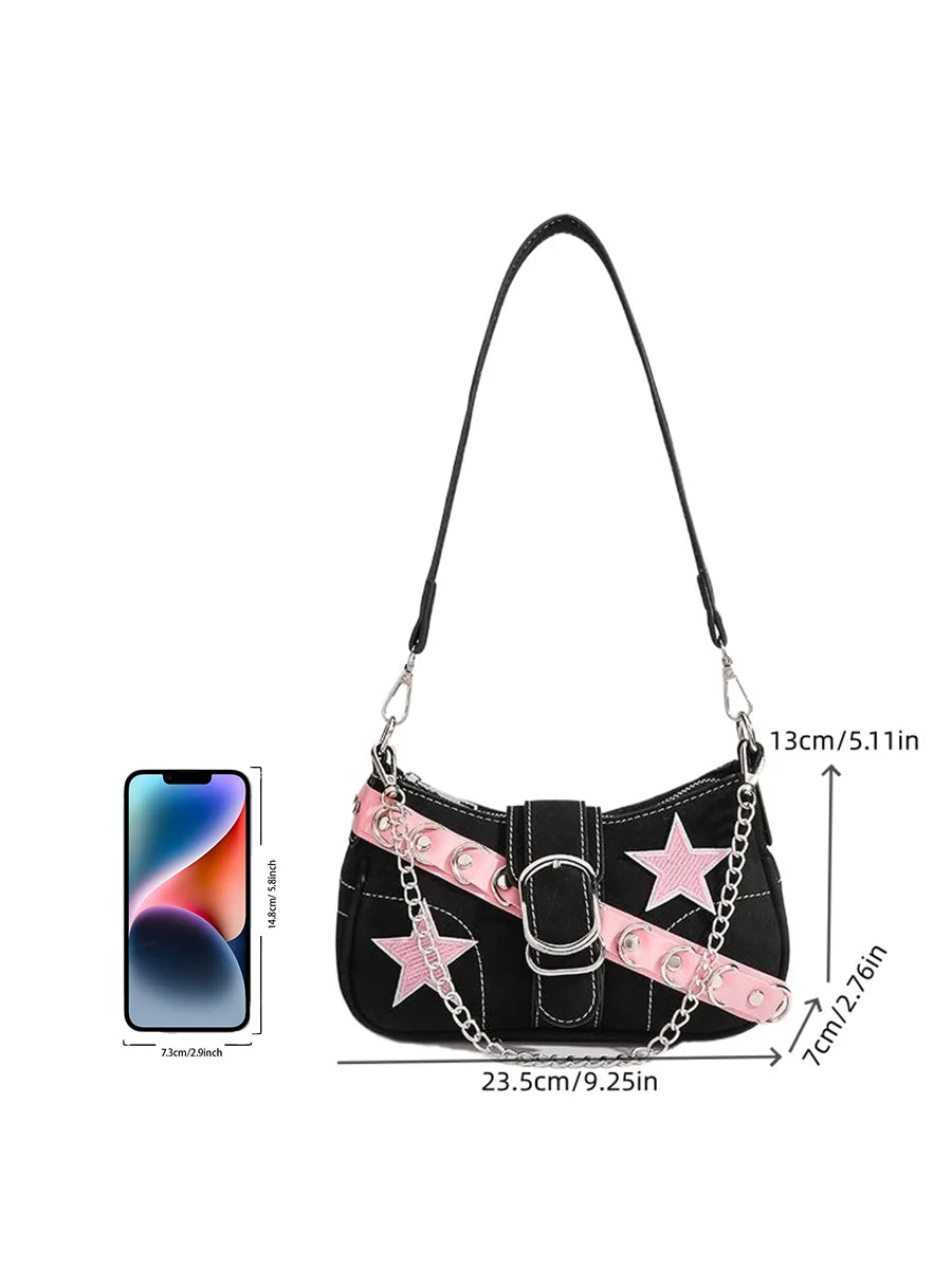 Fashion Women's Handbags Denim Stars Pattern Cool Girls Y2K Underarm Bag Canvas Female Small Shoulder Bags Chain Tote Bag Ins