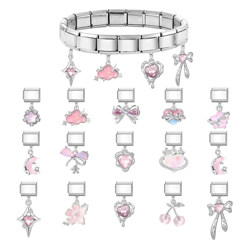 Fashion 2026 Sweet Pink Star Loveheart Pendant Italian Charm Link Fit 9mm Stainless Steel Bracelet Women DIY Making Jewelry Gift