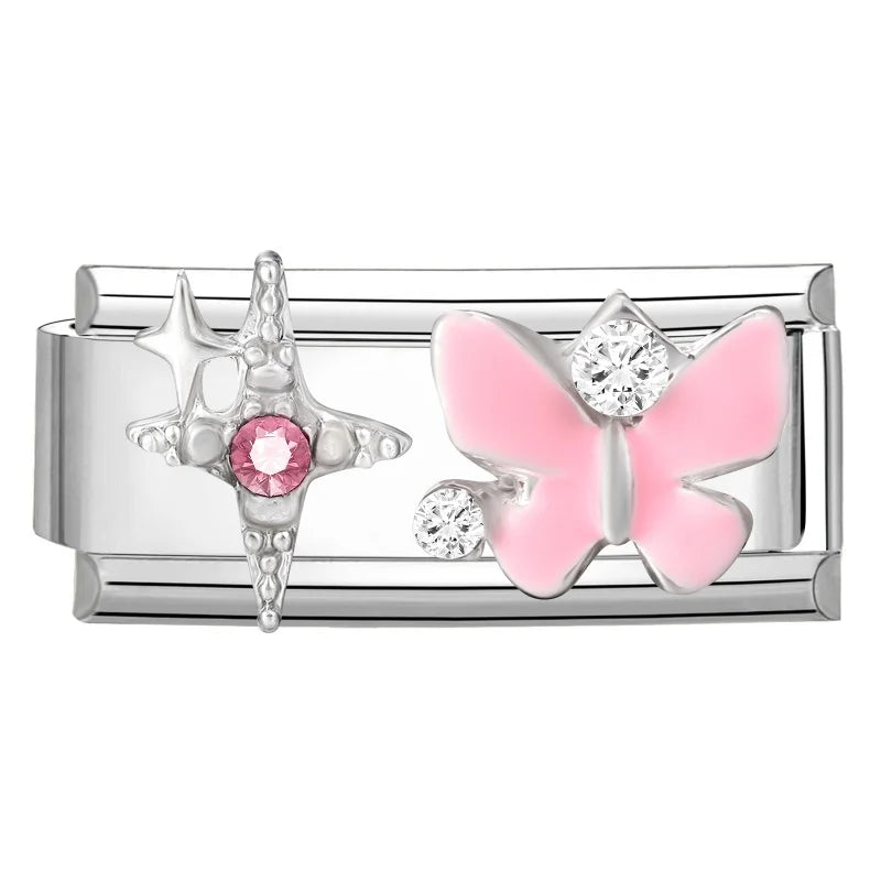 Y2K Zircon Bow Knot Water Drop Pink Zircon Doughnut Heart Italian Charm Links Fit 9MM Stainless Steel Bracelet Women DIY Making
