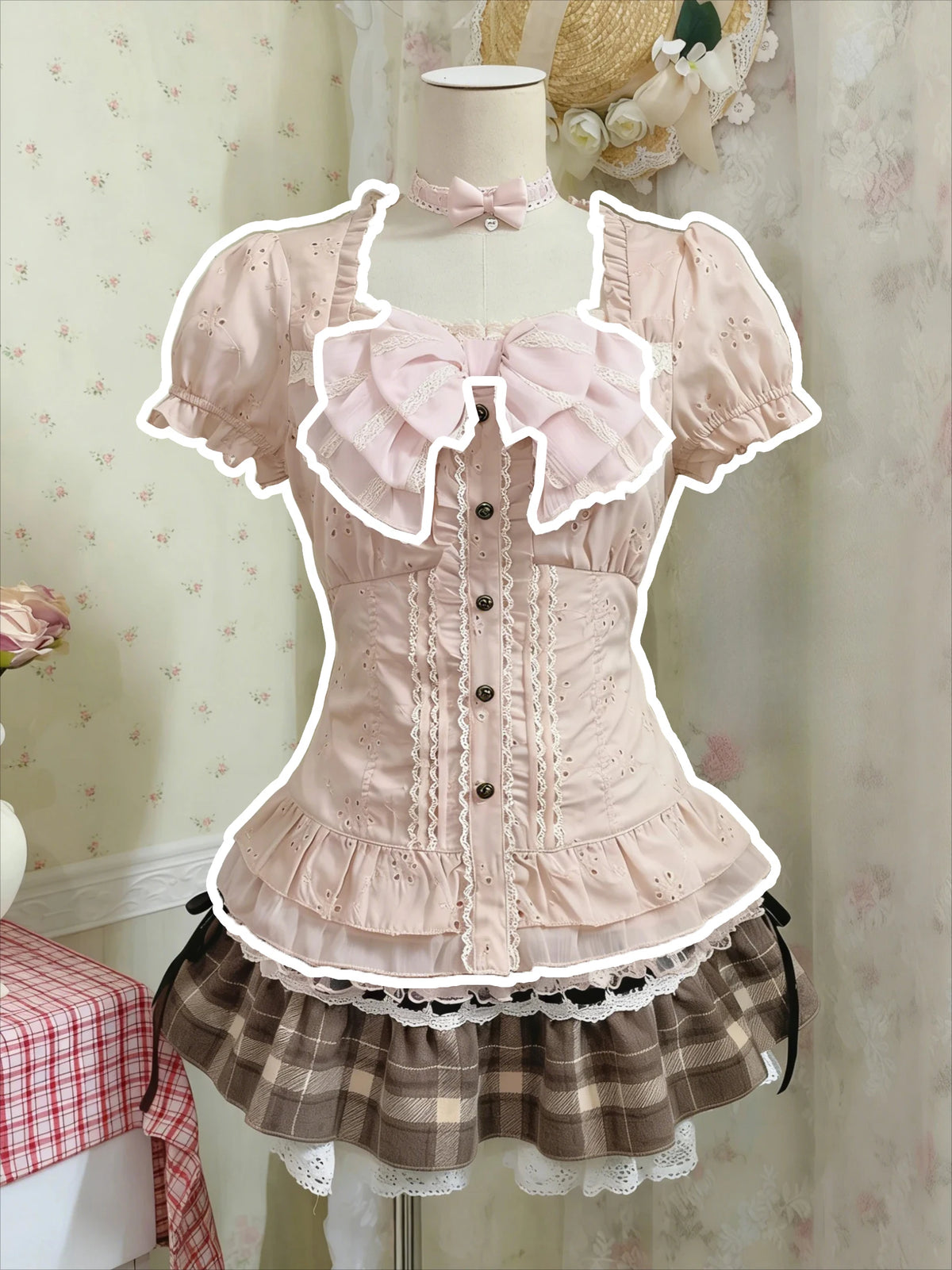 Japanese Sweet Blouse Women Lace Top Ameircan Vintage Plaid Ruffle Mini Skirt Y2K Harajuku Elegant Kawaii Korean Chic Outfits