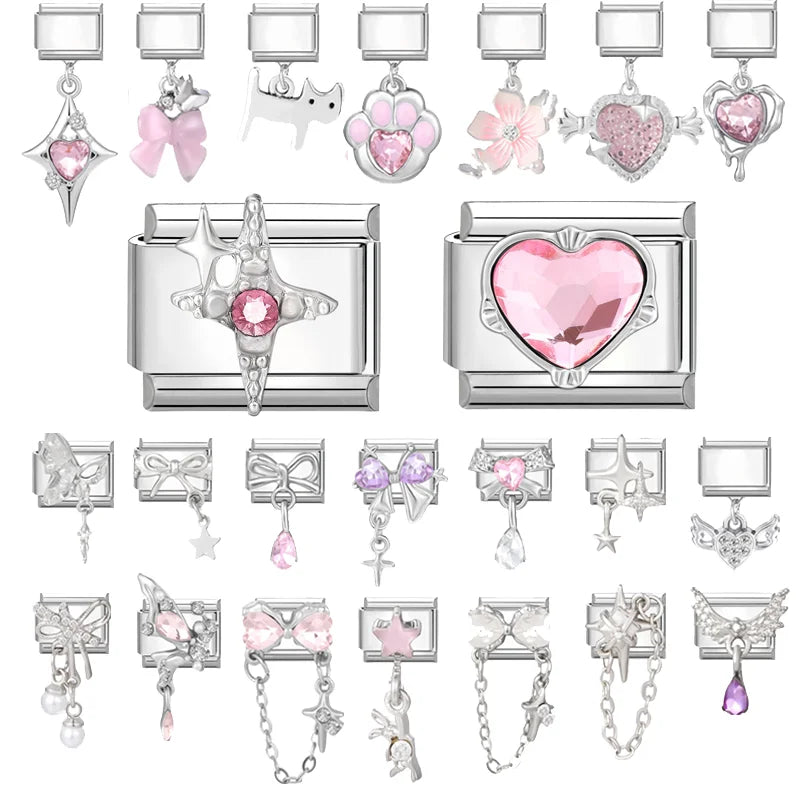 Fashion 2026 Sweet Pink Star Loveheart Pendant Italian Charm Link Fit 9mm Stainless Steel Bracelet Women DIY Making Jewelry Gift