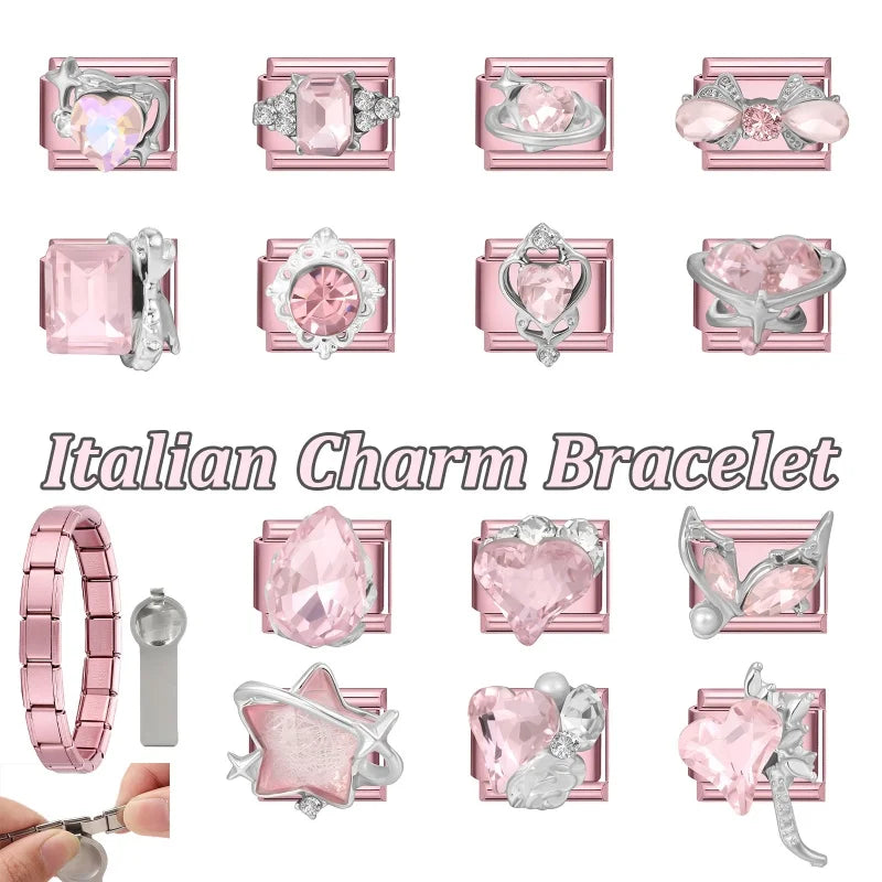 Fashion Pink Dreamy Crystal Butterfly Bow Heart Star Shell Star Charm Fit 9mm Stainless Steel Bracelet Women DIY Making Jewelry