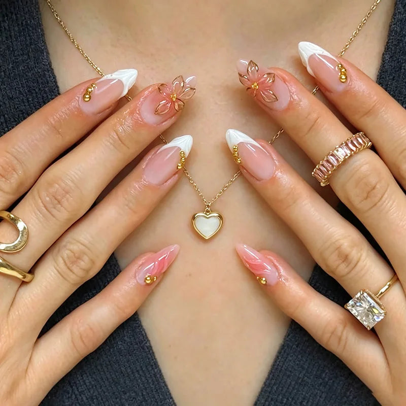 24pcs Pink Flower Almond Press on Nails Kawaii False Nails Wearable Stick-on Nails Fake Nail Uñas Postizas Накладные Ногти 네일팁