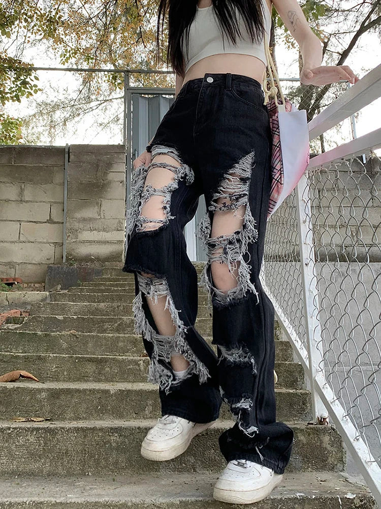 Zoki Hip Hop Hole Jeans Women Y2K Streetwear Harajuku Hollow Out Denim Pant American Retro High Waist Female Straight Trousers