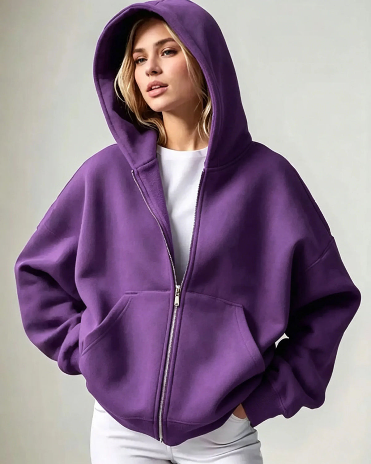 2026 Women Solid Full Zip Up Hoodie Casual Loose Pocket Hooded Jacket Soft Long Sleeve Sweatshirt Autumn Winter Couple Outerwear