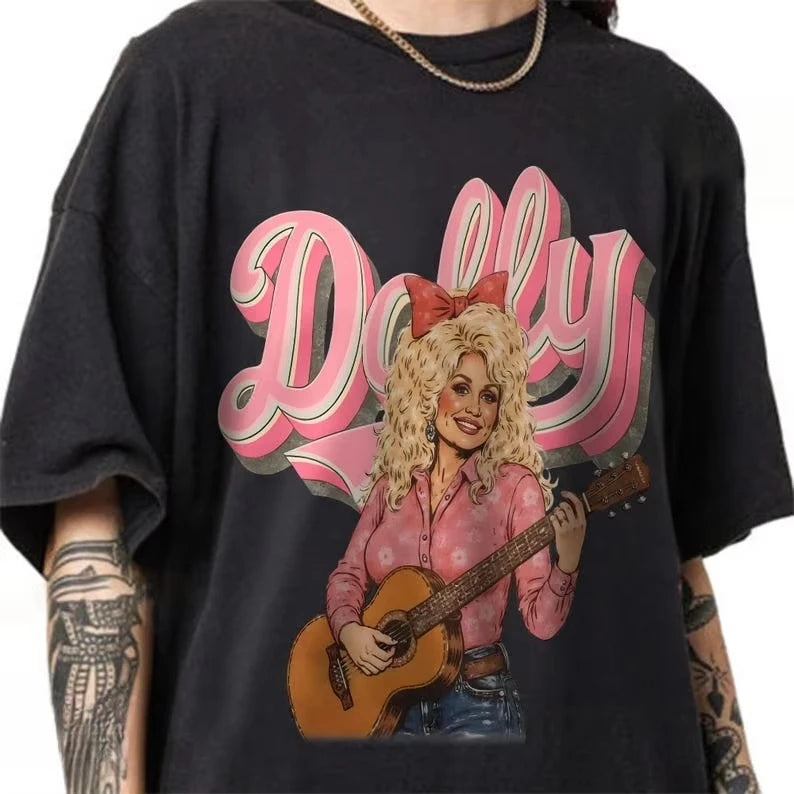 Dolly Parton T-shirt Pure Cotton Pink Country Music Cowboy Girl Pattern T-shirt    Casual couple streetwear shirts for women